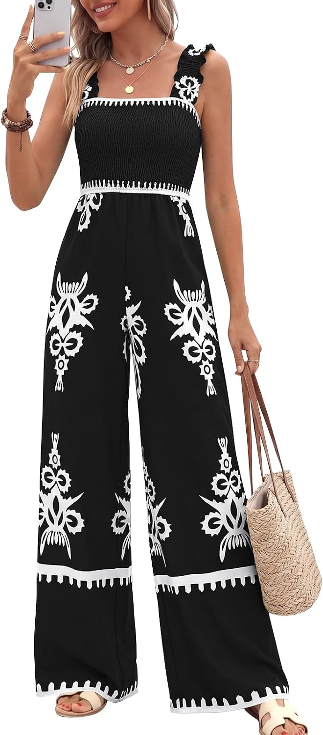 🌸 PRETTYGARDEN – Combinaison bohème fleurie pour femme, bretelles froncées et pantalon palazzo