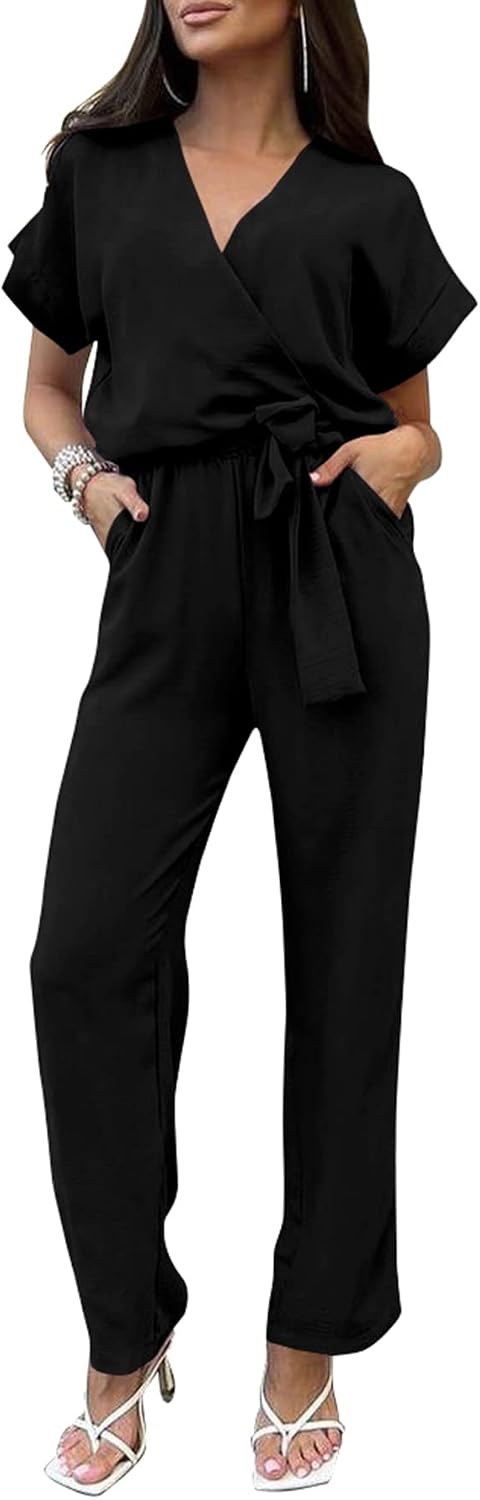 PRETTYGARDEN – Combinaison femme élégante, col V cache-cœur, taille nouée et pantalon large