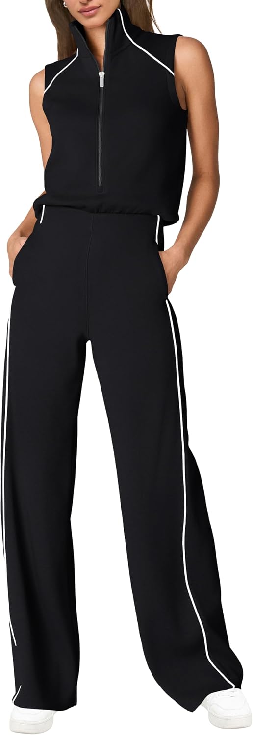 🖤 SENSERISE – Combinaison Femme Sans Manches, Col Montant Zippé & Pantalon Large avec Poches