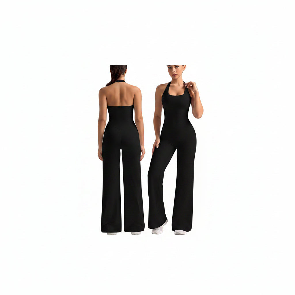 🖤 OLCHEE – Combinaison de sport femme dos nu, col licou & pantalon large sculptant