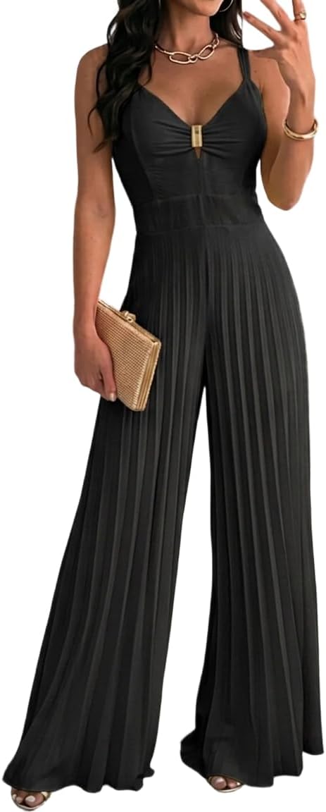 💛 CHICME – Combinaison femme plissée jaune, décolleté en V profond & pantalon large doublé