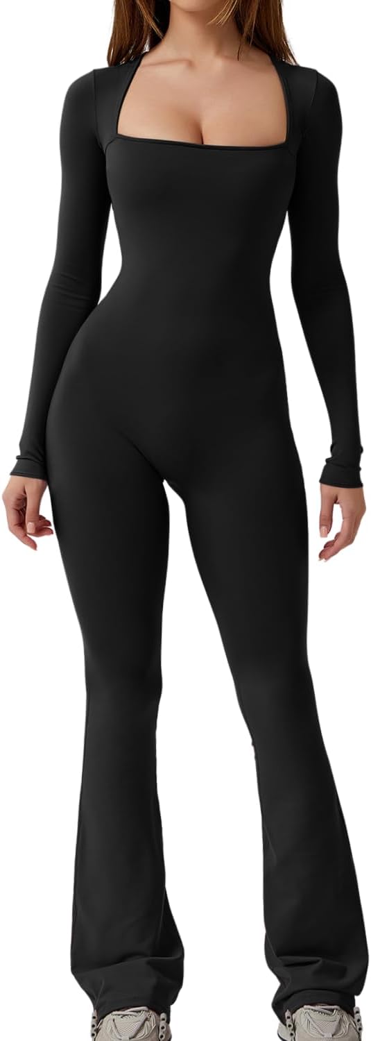 🖤 QINSEN – Combinaison femme sans coutures sculptante, col carré et coupe moulante