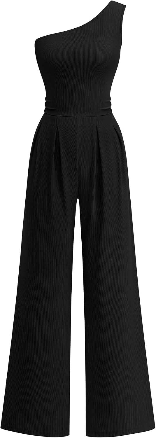 KIRUNDO – Combinaison femme élégante asymétrique, taille froncée et pantalon large avec poches