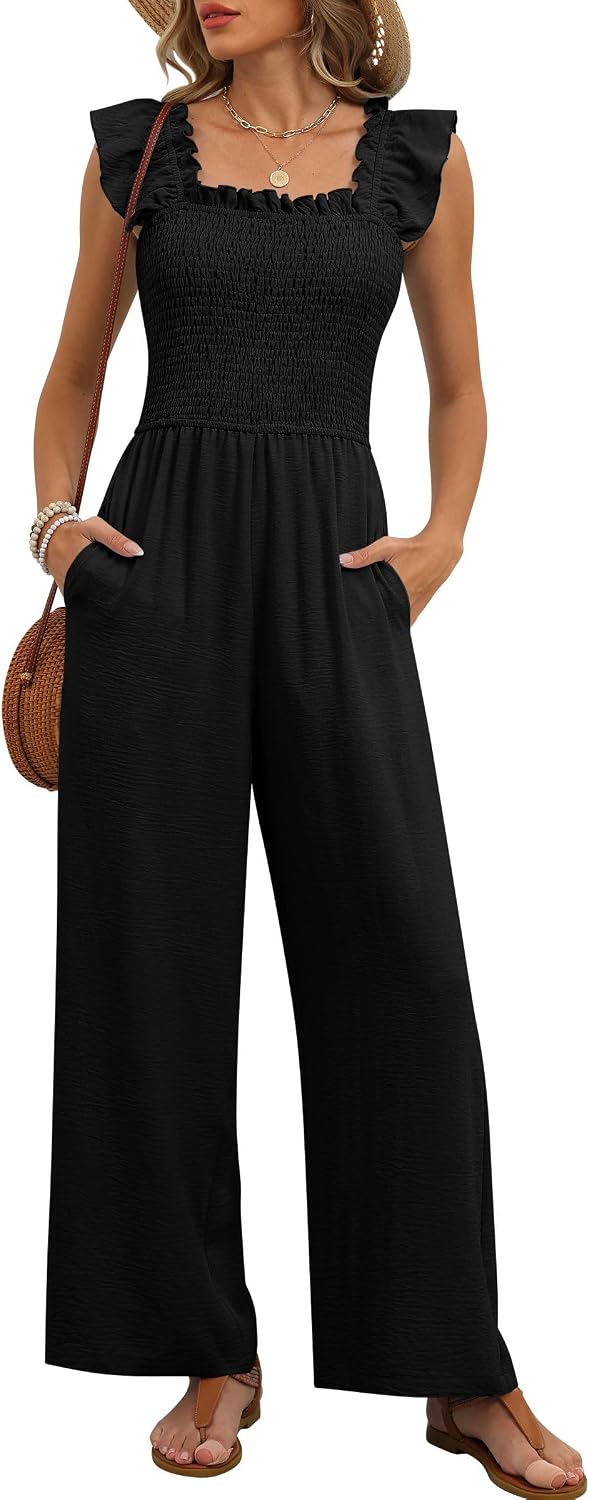 🤎 Caracilia – Combinaison élégante pour femme, corsage smocké, manches à volants et pantalon large avec poches