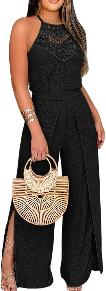 💚 CHICME – Combinaison Femme à broderie ajourée, col licou en crochet & pantalon large fendu