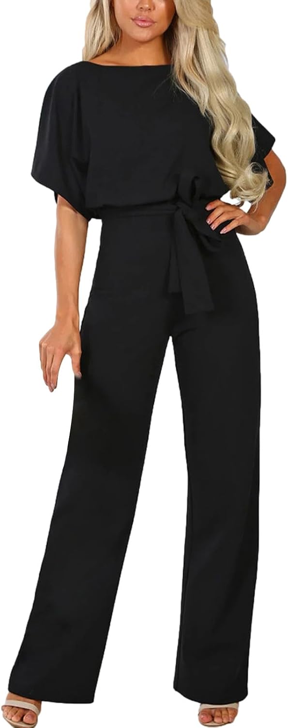 ✨ amropi – Combinaison Femme Élégante à Manches Courtes, Taille Nouée & Jambes Larges