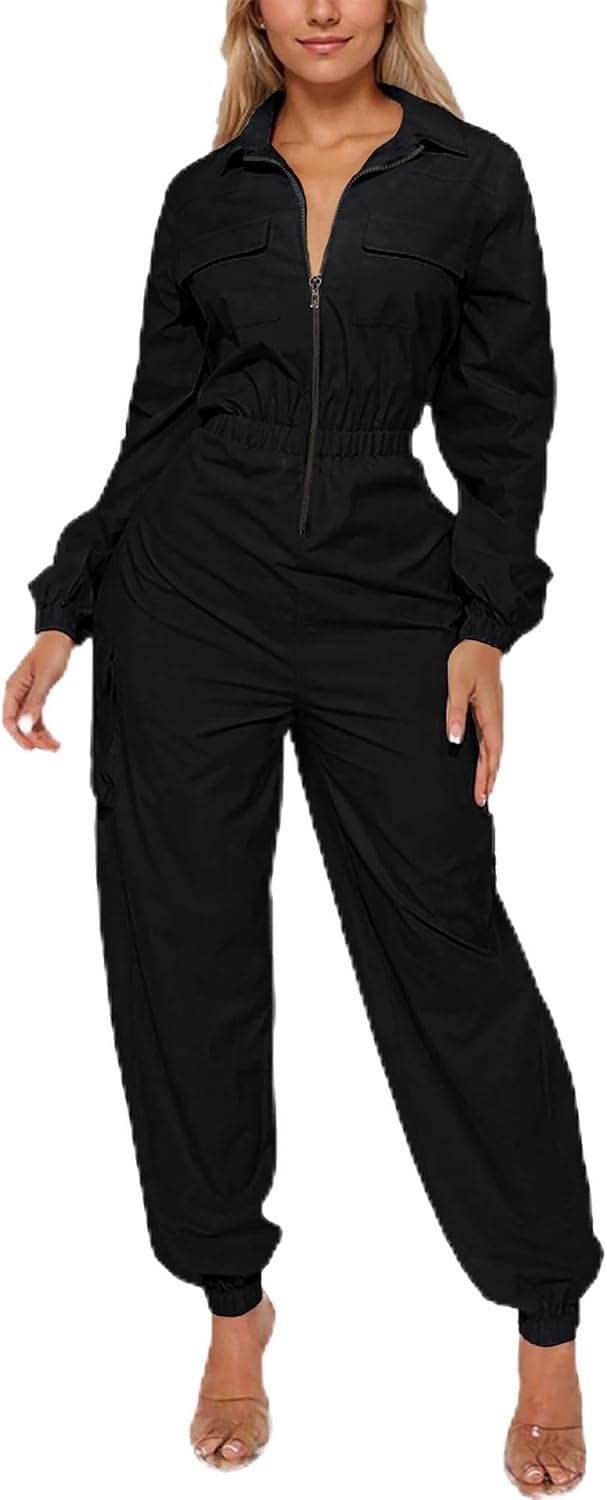 🖤 WOKANSE – Combinaison cargo pour femme à taille haute élastique, zip frontal et poches