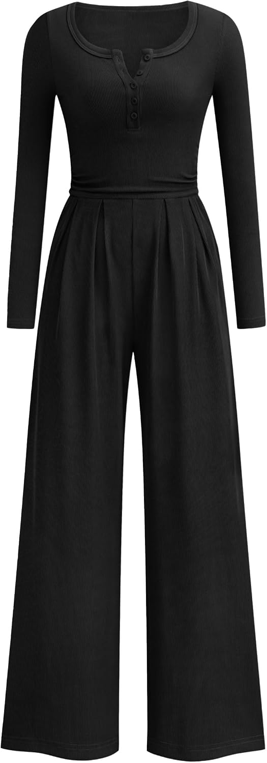 PRETTYGARDEN – Combinaison Palazzo Femme à Manches Longues, Taille Froncée & Poches