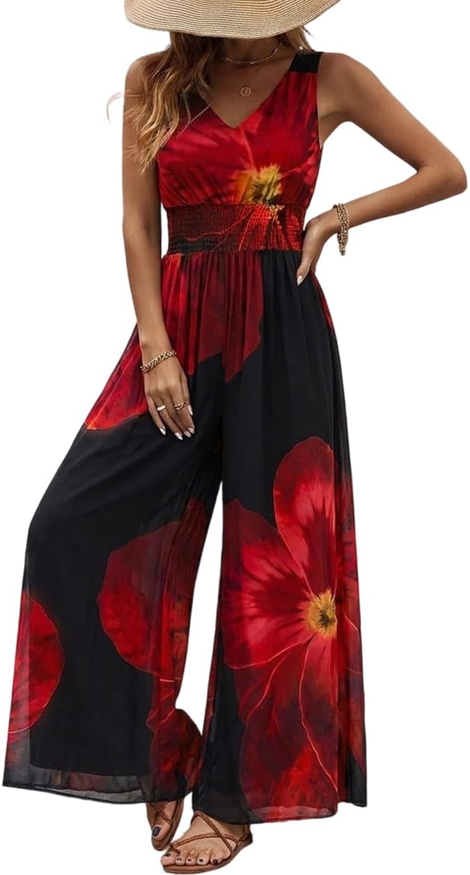 🌿 CHICME – Combinaison Femme à Imprimé Abstrait, Sans Manches & Pantalon Large – Chic Artistique