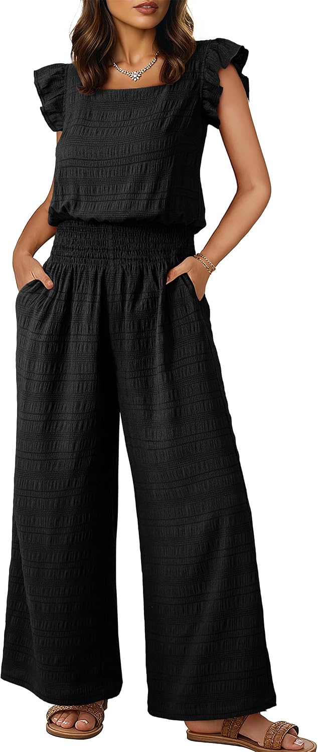 Dokotoo – Combinaison femme smockée sans manches, col carré et pantalon large avec poches