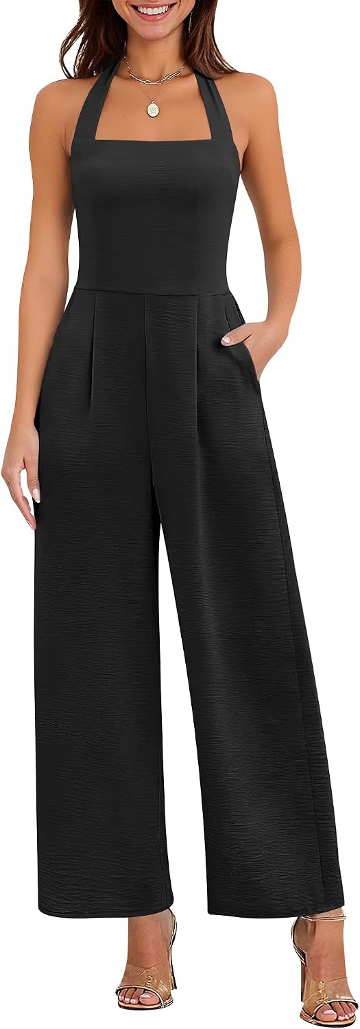 ✨ ANRABESS – Combinaison Femme Dos Nu, Taille Haute Smockée & Pantalon Large avec Poches