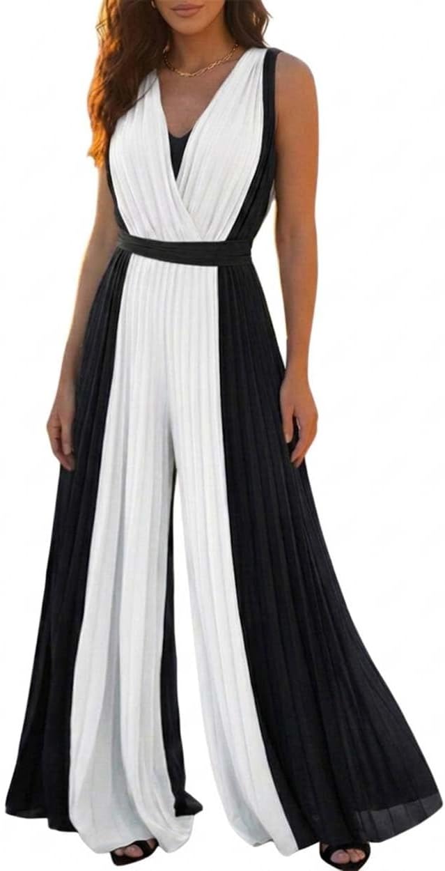 ✨ CHICME – Combinaison Femme Colorblock Sans Manches, Détails Plissés & Style Chic Moderne