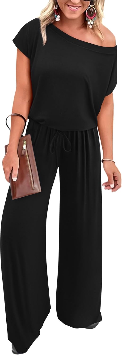🖤 KIRUNDO – Combinaison femme épaules dénudées, taille ajustable et pantalon large avec poches