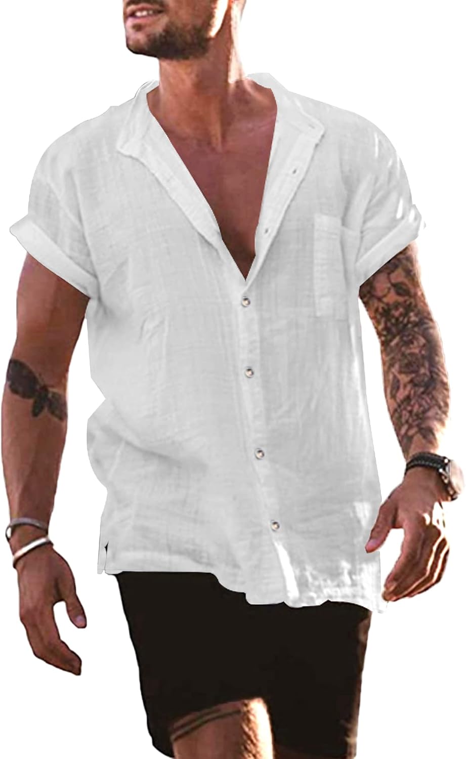 YAOBAOLE – Chemise Homme en Lin à Manches Courtes – Col Mao, Légère & Décontractée pour l’Été