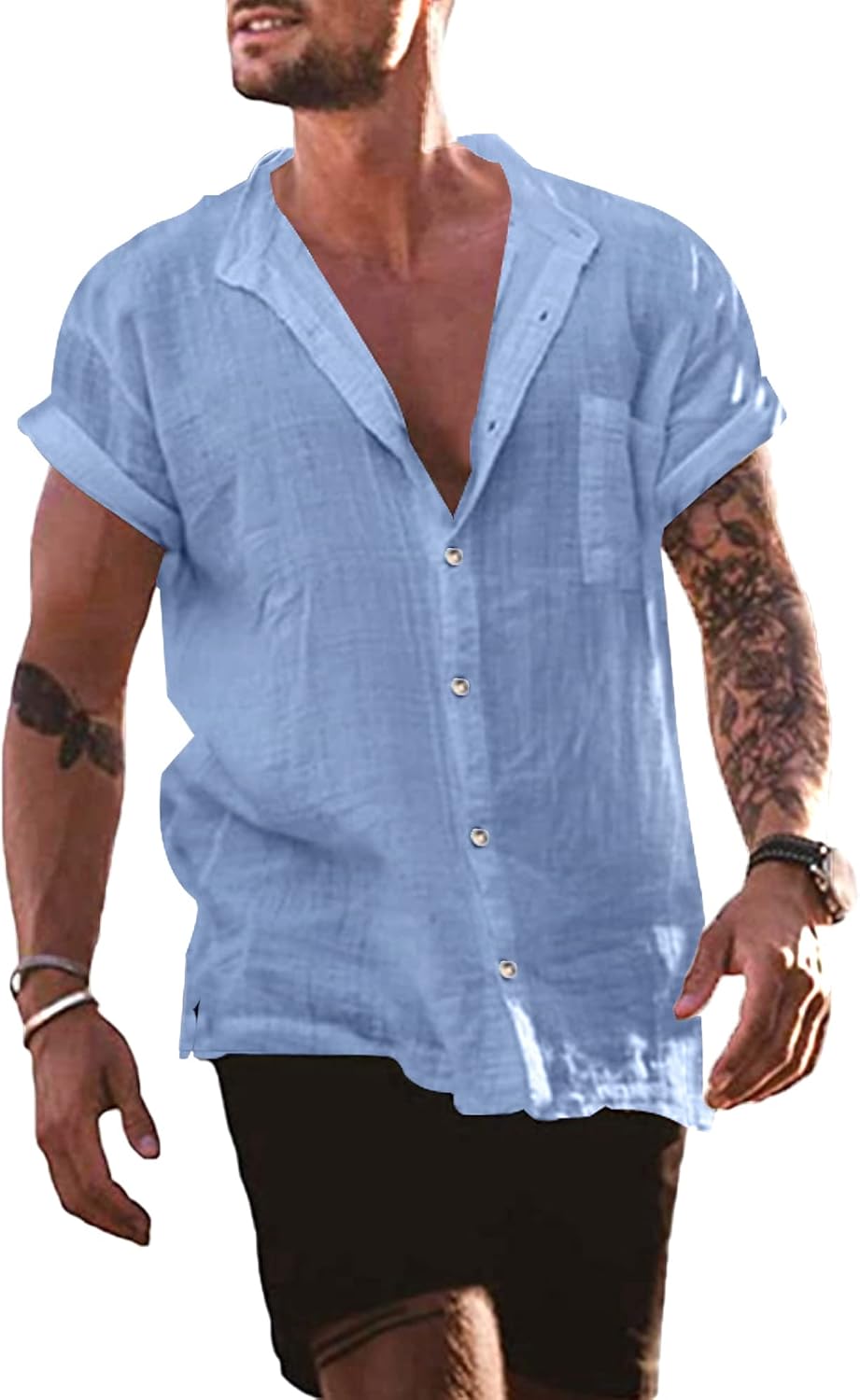 YAOBAOLE – Chemise Homme en Lin à Manches Courtes – Col Mao, Légère & Décontractée pour l’Été