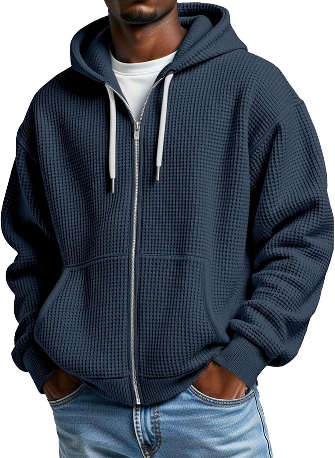 Veste homme à capuche zippée, coupe oversize gaufrée
