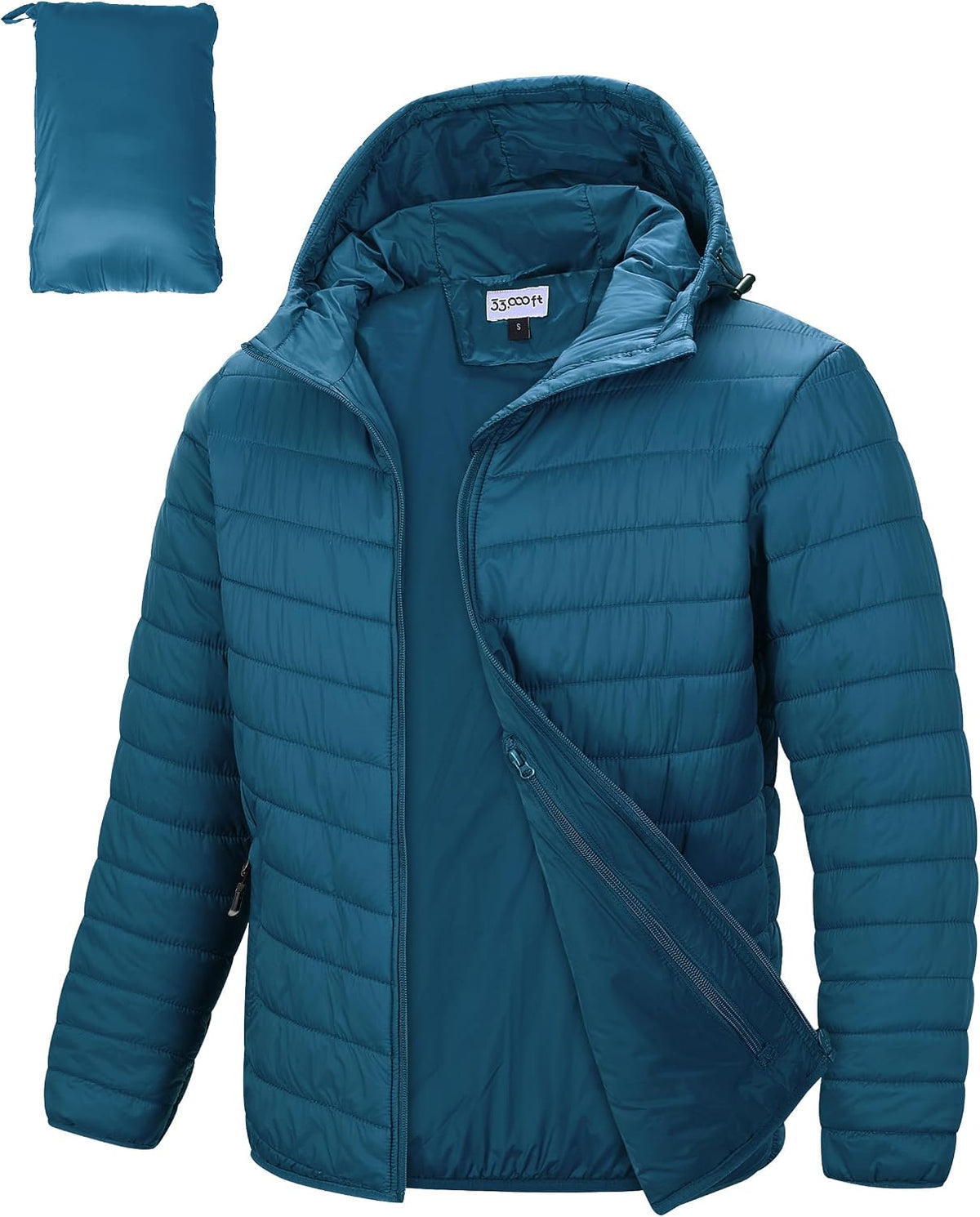33,000ft – Veste matelassée légère à capuche pour homme – Chaude, résistante à l’eau et pliable
