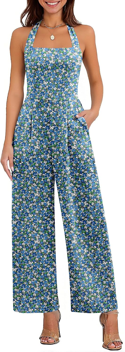 ✨ ANRABESS – Combinaison Femme Dos Nu, Taille Haute Smockée & Pantalon Large avec Poches