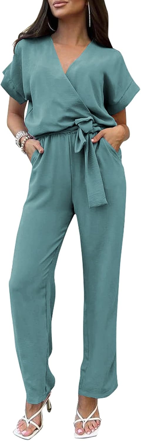PRETTYGARDEN – Combinaison femme élégante, col V cache-cœur, taille nouée et pantalon large