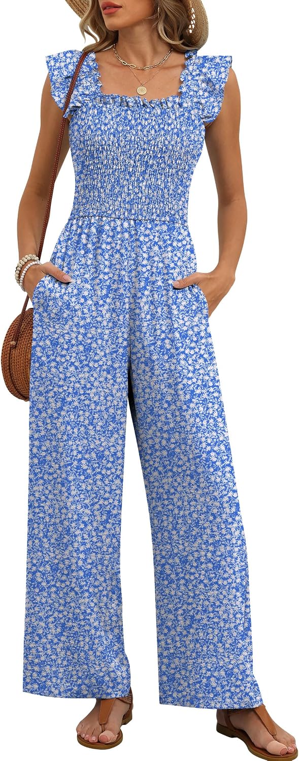 🤎 Caracilia – Combinaison élégante pour femme, corsage smocké, manches à volants et pantalon large avec poches