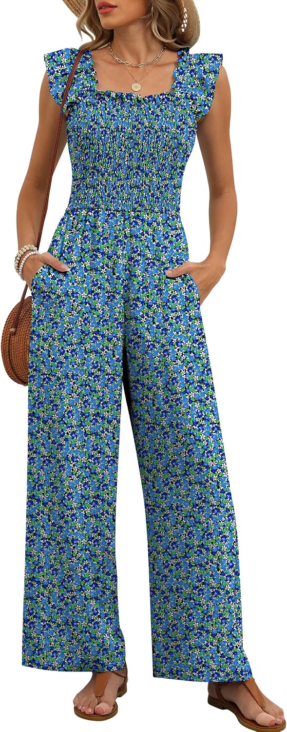 🤎 Caracilia – Combinaison élégante pour femme, corsage smocké, manches à volants et pantalon large avec poches