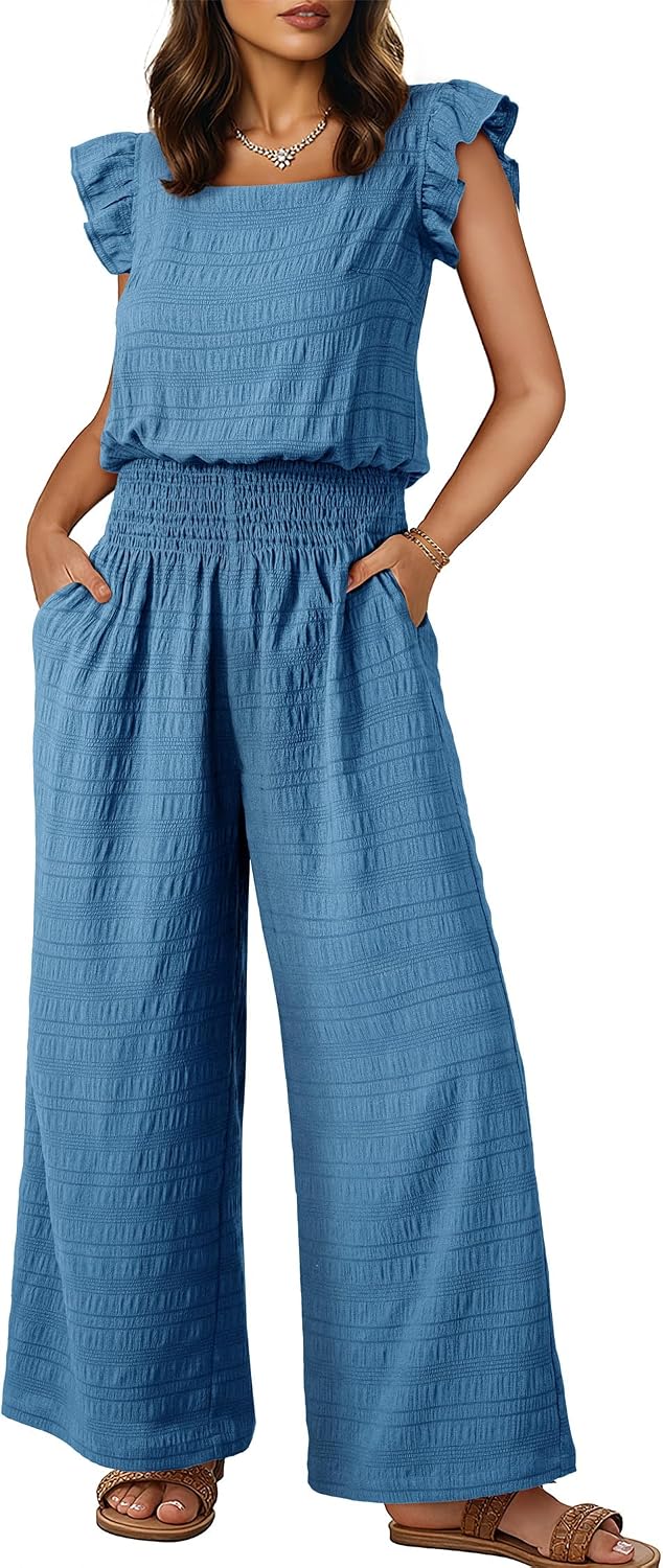 Dokotoo – Combinaison femme smockée sans manches, col carré et pantalon large avec poches