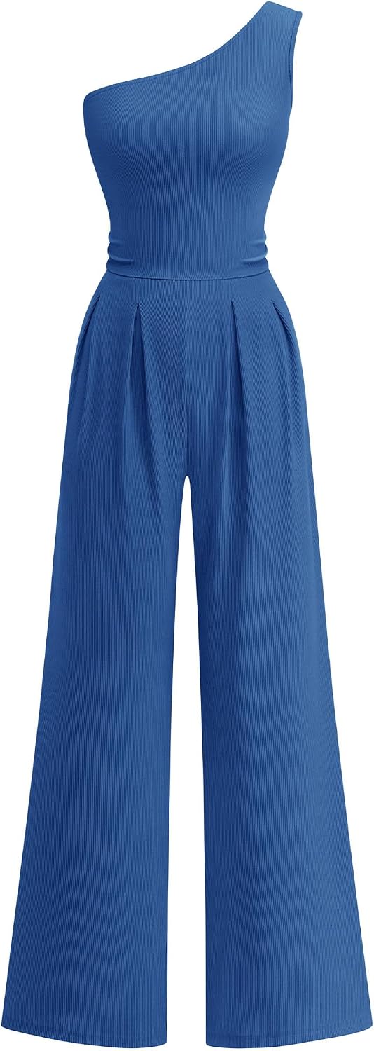 KIRUNDO – Combinaison femme élégante asymétrique, taille froncée et pantalon large avec poches