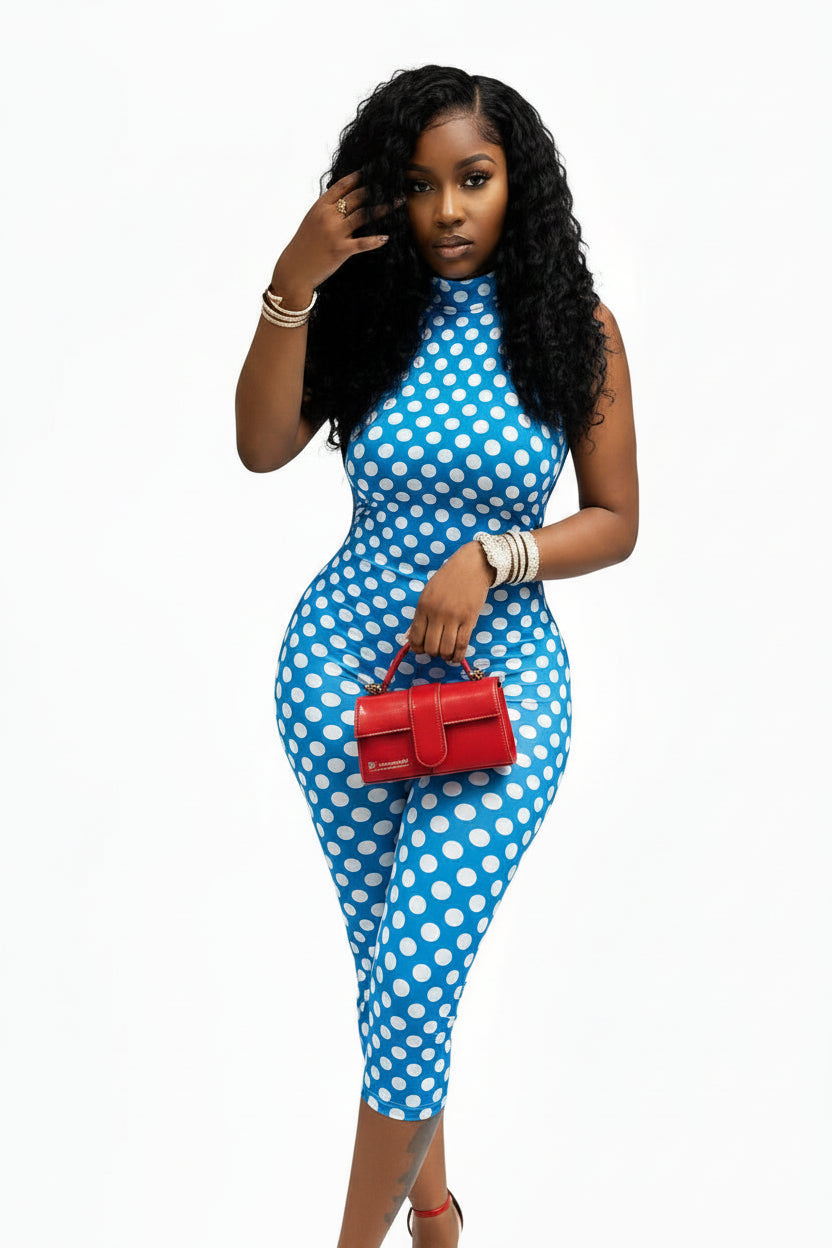 🔵 BOKITECAO – Combinaison femme dos nu à pois, col américain et coupe moulante style corsaire