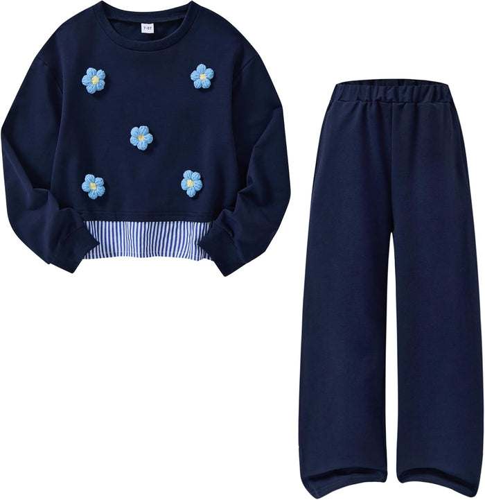 Ensemble fille deux pièces avec pull brodé et pantalon large