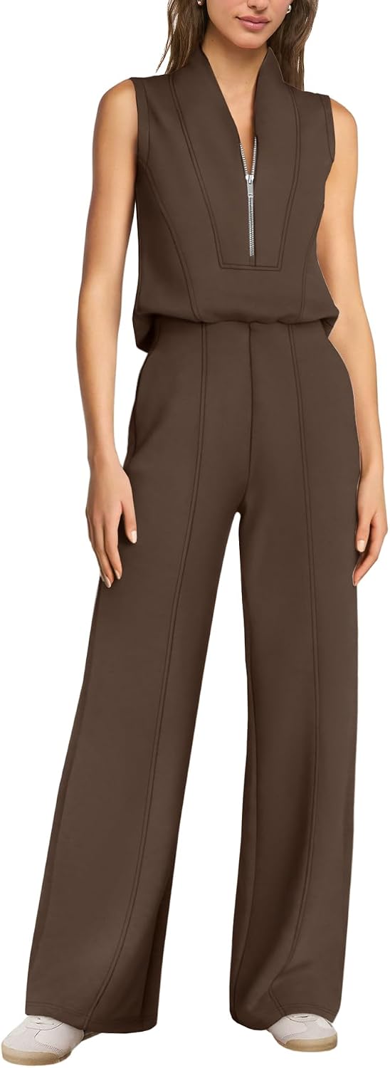 SENSERISE – Combinaison de voyage pour femme à jambes larges, demi-zip et coupe décontractée chic