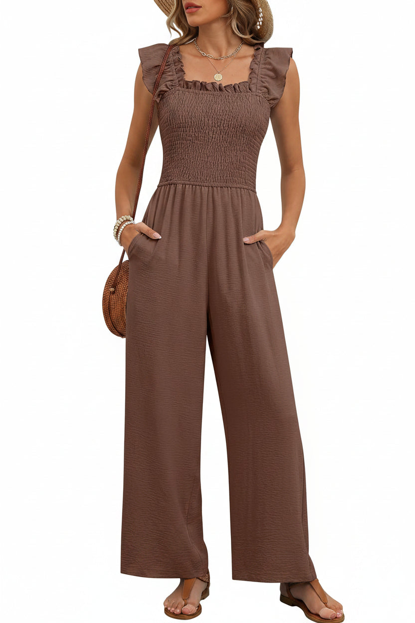 🤎 Caracilia – Combinaison élégante pour femme, corsage smocké, manches à volants et pantalon large avec poches