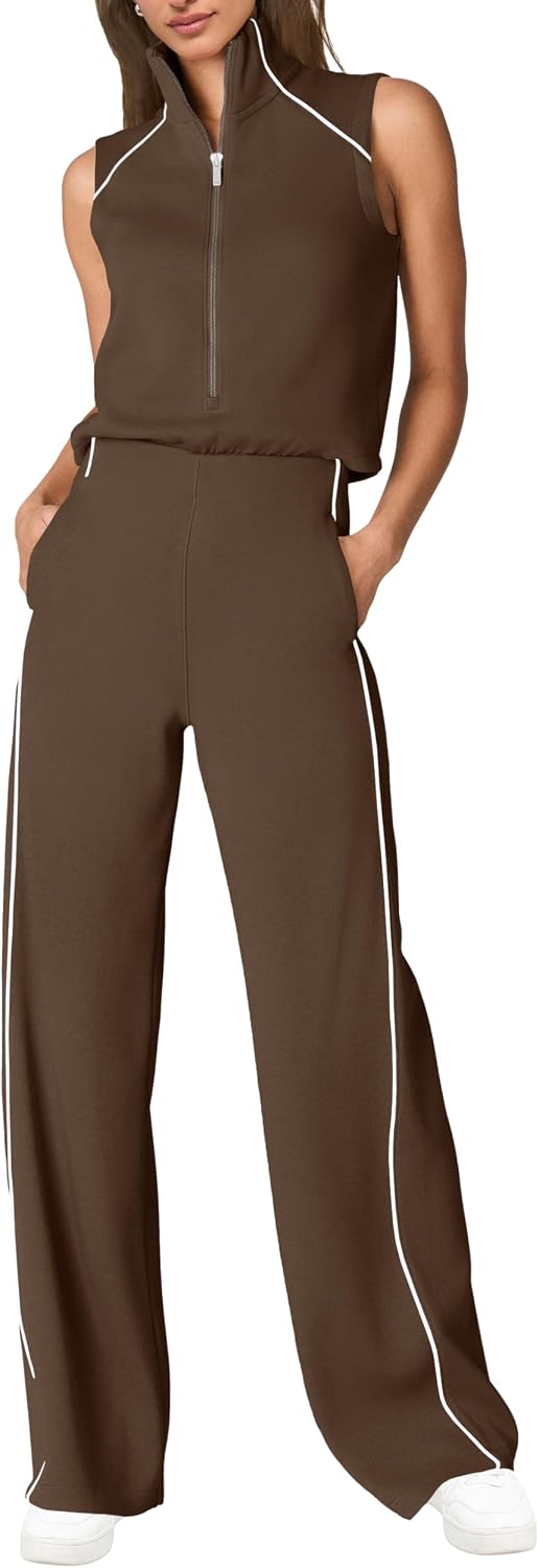 🖤 SENSERISE – Combinaison Femme Sans Manches, Col Montant Zippé & Pantalon Large avec Poches