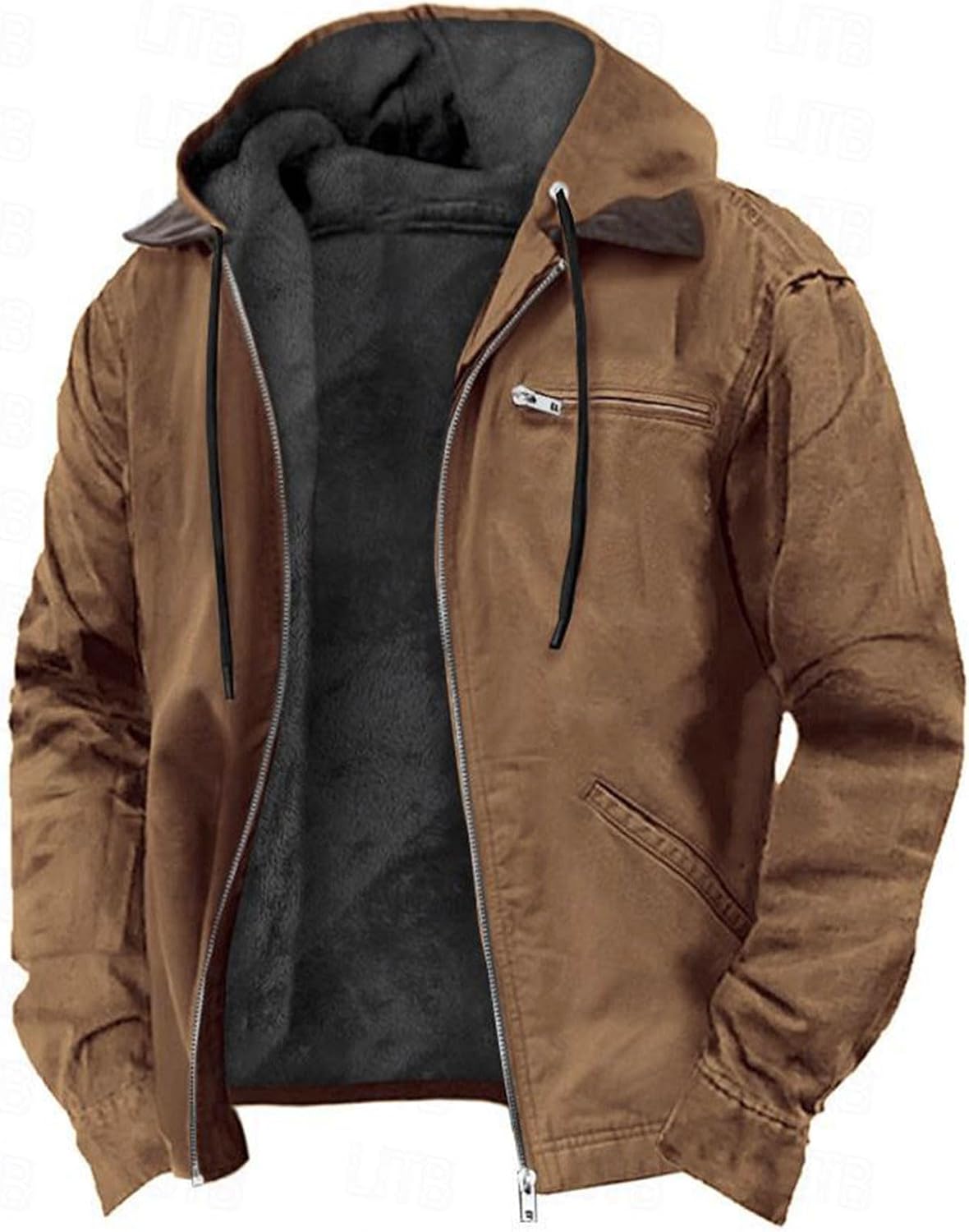 Veste Homme Style Cuir à Capuche – Blouson 3D Imprimé Zippé avec Effet Moumoute