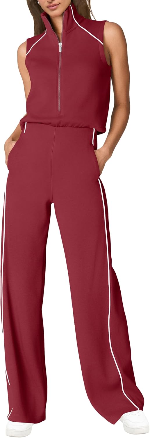 🖤 SENSERISE – Combinaison Femme Sans Manches, Col Montant Zippé & Pantalon Large avec Poches