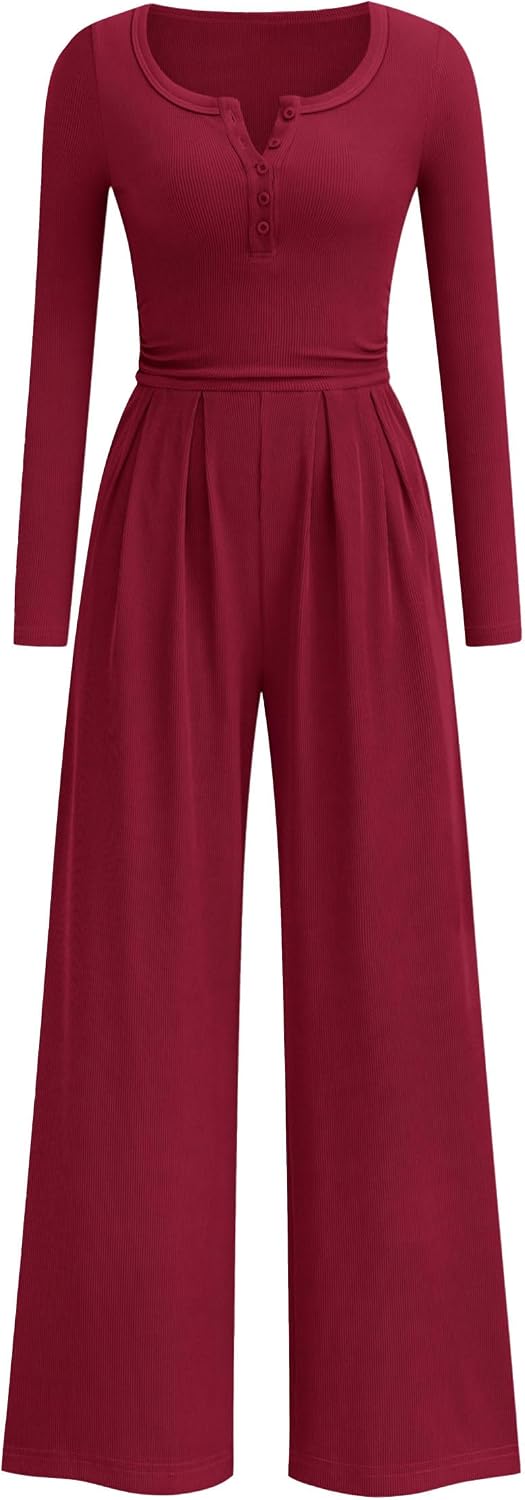 PRETTYGARDEN – Combinaison Palazzo Femme à Manches Longues, Taille Froncée & Poches