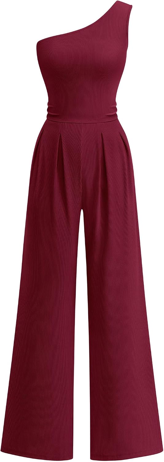 KIRUNDO – Combinaison femme élégante asymétrique, taille froncée et pantalon large avec poches