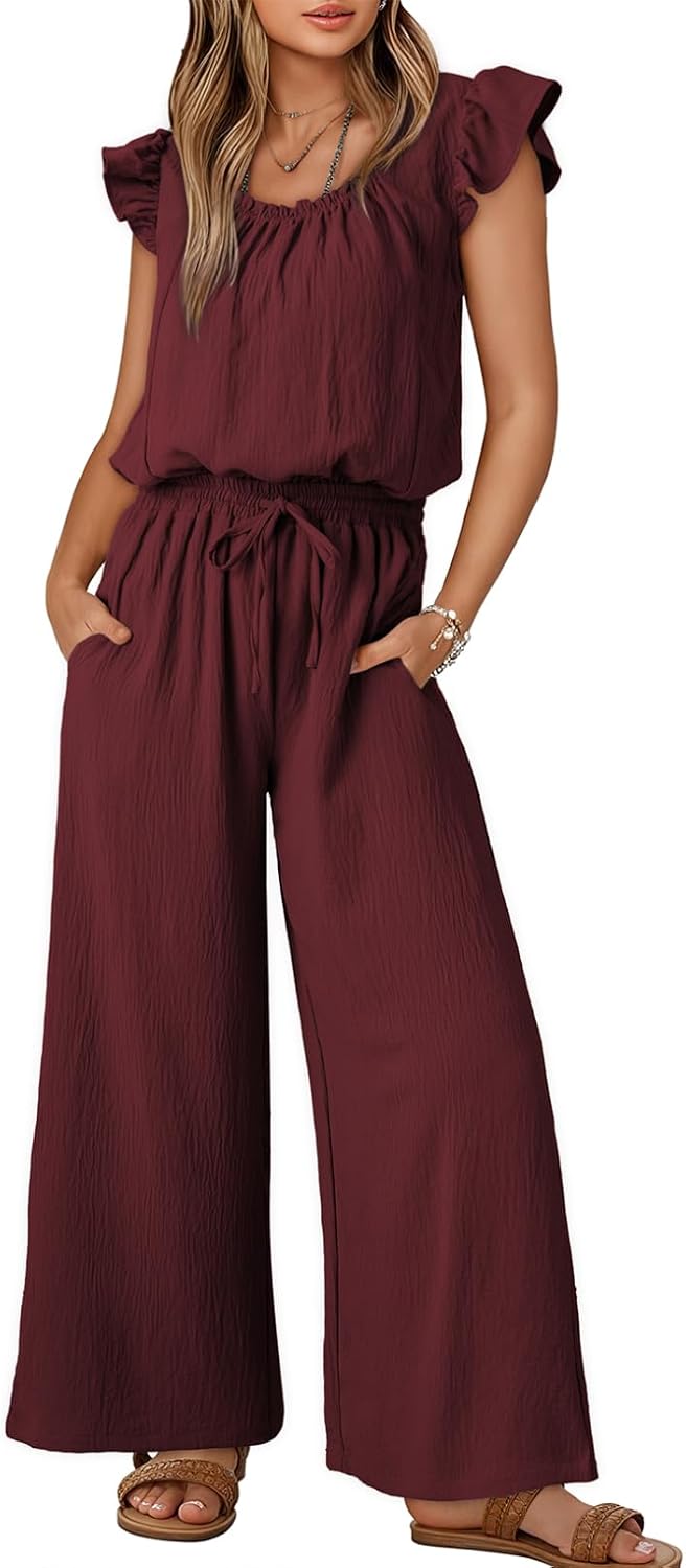 🌸 Dokotoo – Combinaison Femme Rose à Col V, Manches Volantées, Taille Ajustable & Poches