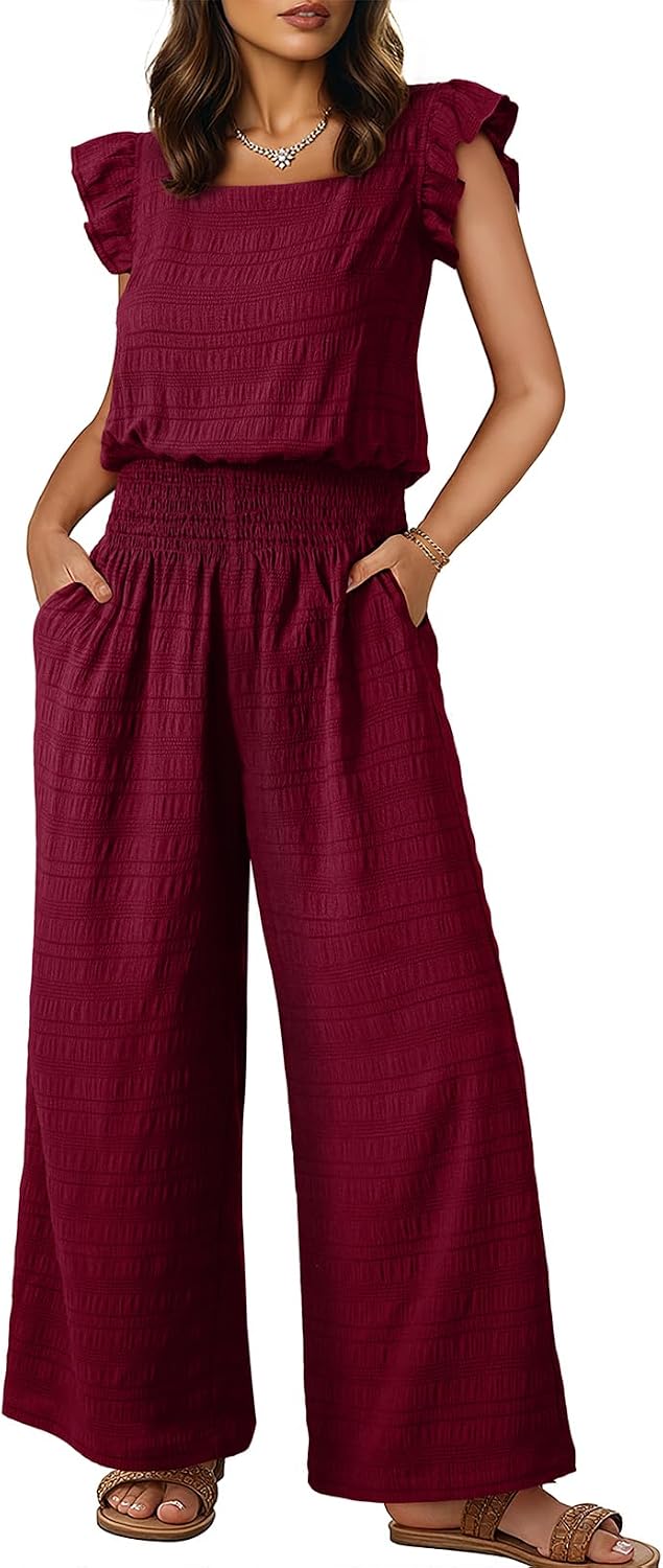 Dokotoo – Combinaison femme smockée sans manches, col carré et pantalon large avec poches