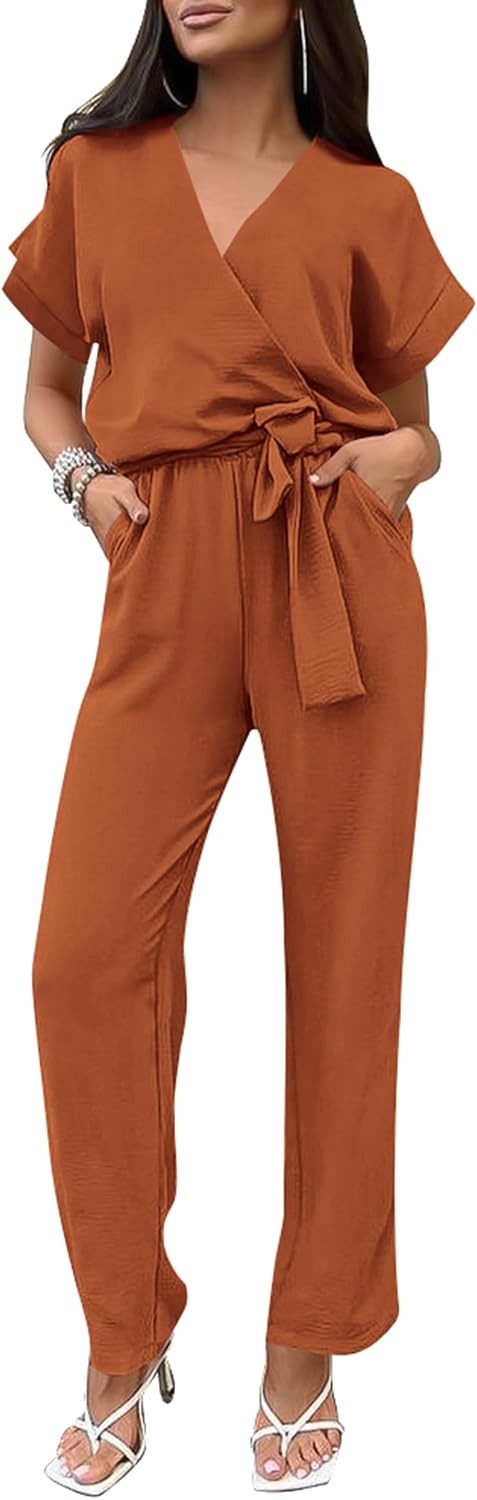 PRETTYGARDEN – Combinaison femme élégante, col V cache-cœur, taille nouée et pantalon large