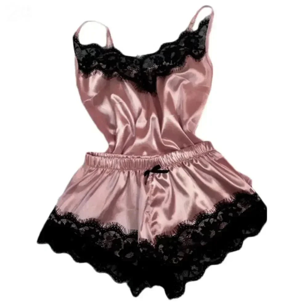 🌸 Ensemble pyjama femme en dentelle et finition soie – caraco et short – lingerie de nuit 2 pièces
