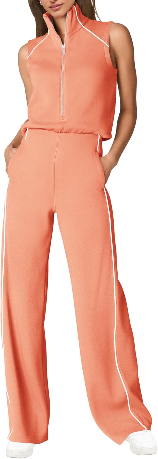 🖤 SENSERISE – Combinaison Femme Sans Manches, Col Montant Zippé & Pantalon Large avec Poches