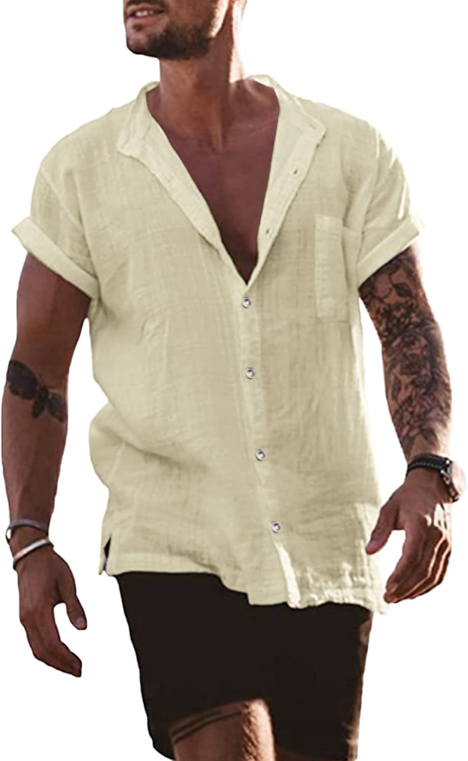 YAOBAOLE – Chemise Homme en Lin à Manches Courtes – Col Mao, Légère & Décontractée pour l’Été