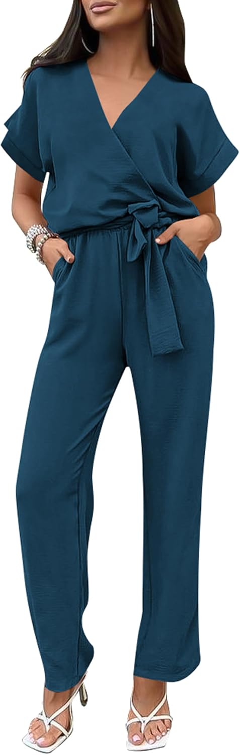 PRETTYGARDEN – Combinaison femme élégante, col V cache-cœur, taille nouée et pantalon large