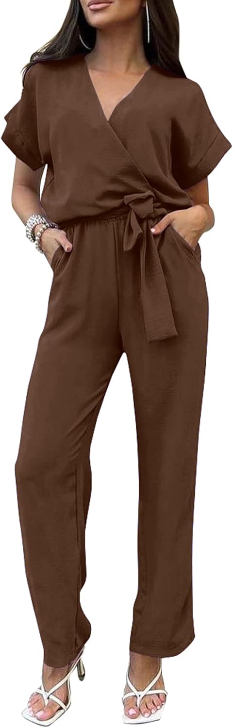 PRETTYGARDEN – Combinaison femme élégante, col V cache-cœur, taille nouée et pantalon large