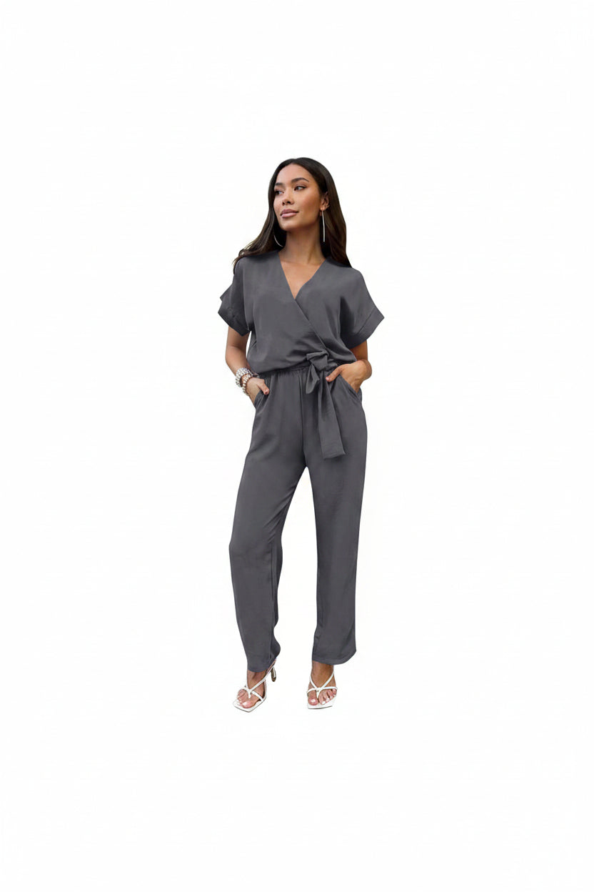 PRETTYGARDEN – Combinaison femme élégante, col V cache-cœur, taille nouée et pantalon large