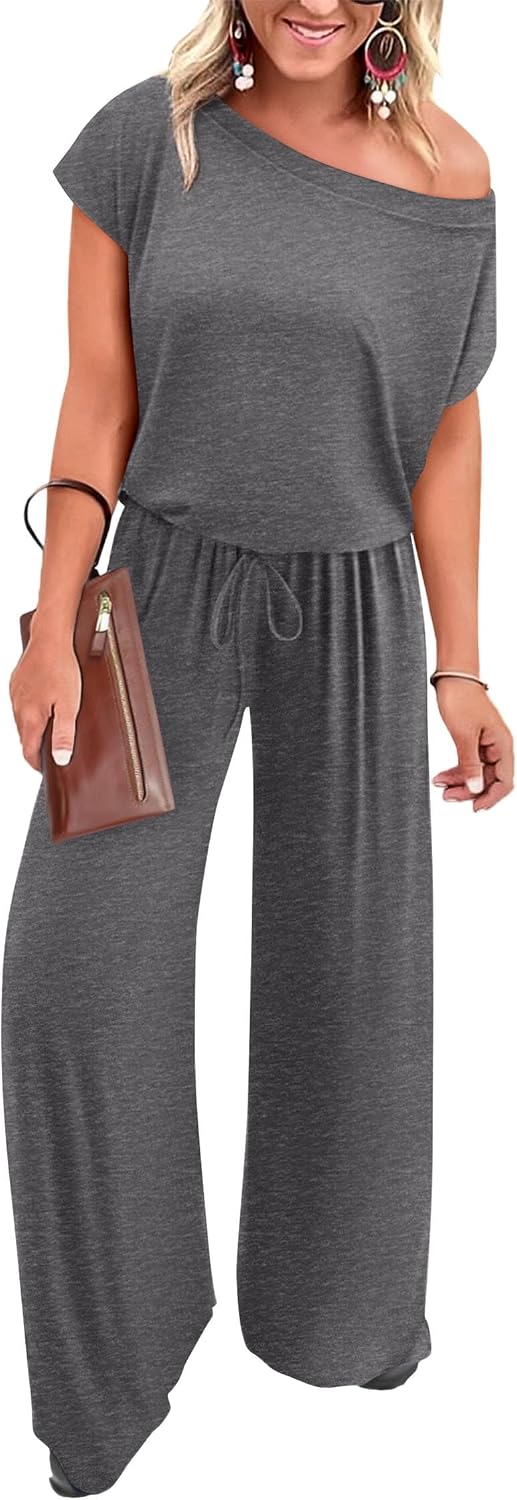 🖤 KIRUNDO – Combinaison femme épaules dénudées, taille ajustable et pantalon large avec poches