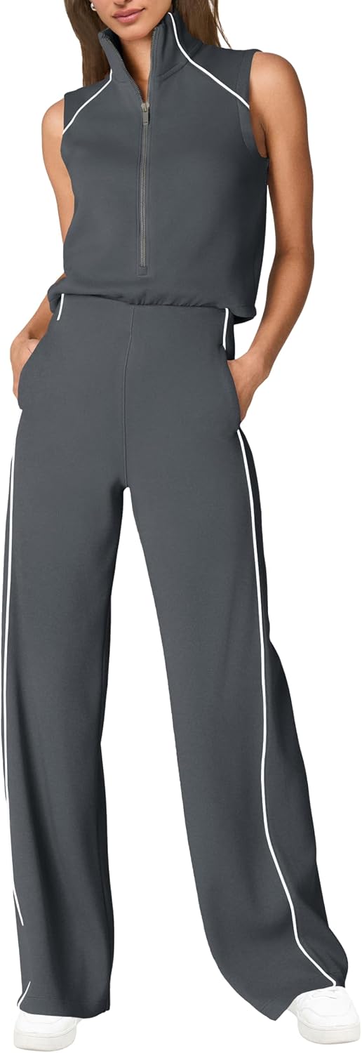 🖤 SENSERISE – Combinaison Femme Sans Manches, Col Montant Zippé & Pantalon Large avec Poches