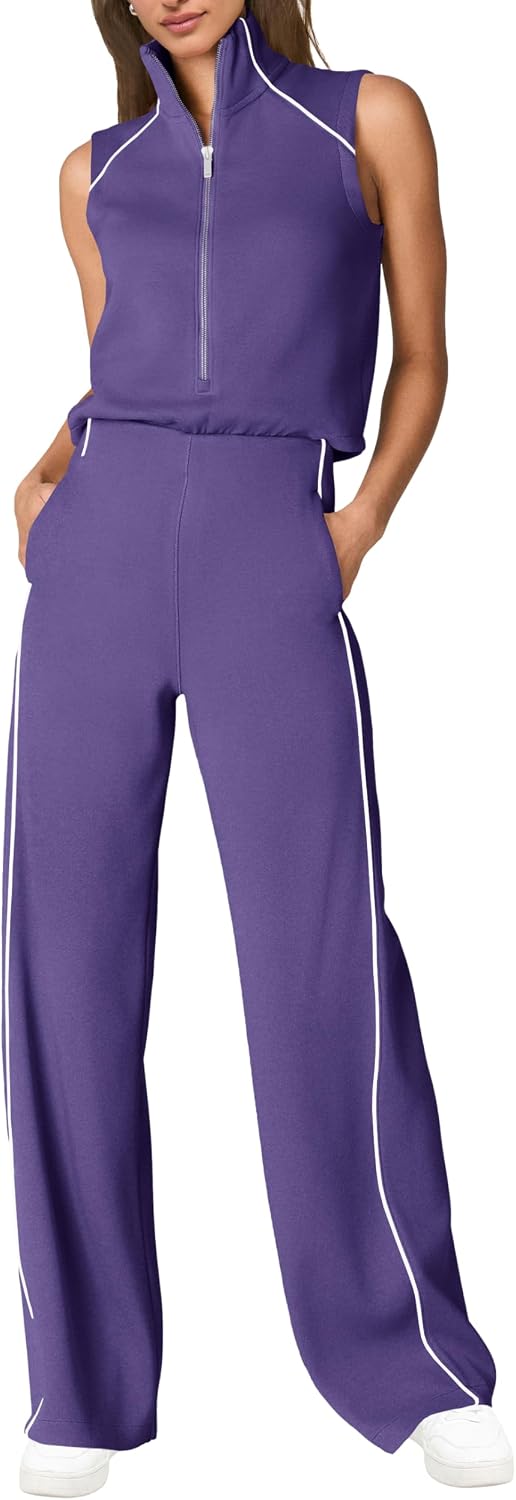 🖤 SENSERISE – Combinaison Femme Sans Manches, Col Montant Zippé & Pantalon Large avec Poches