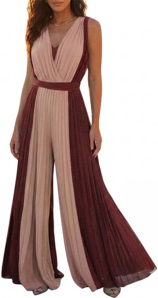 ✨ CHICME – Combinaison Femme Colorblock Sans Manches, Détails Plissés & Style Chic Moderne