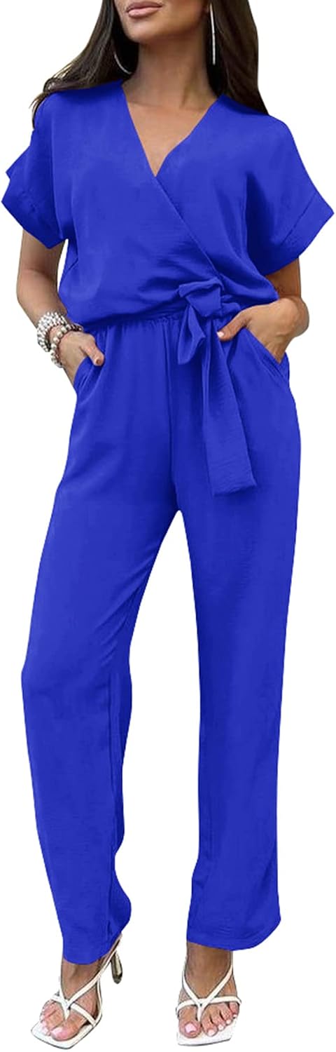 PRETTYGARDEN – Combinaison femme élégante, col V cache-cœur, taille nouée et pantalon large